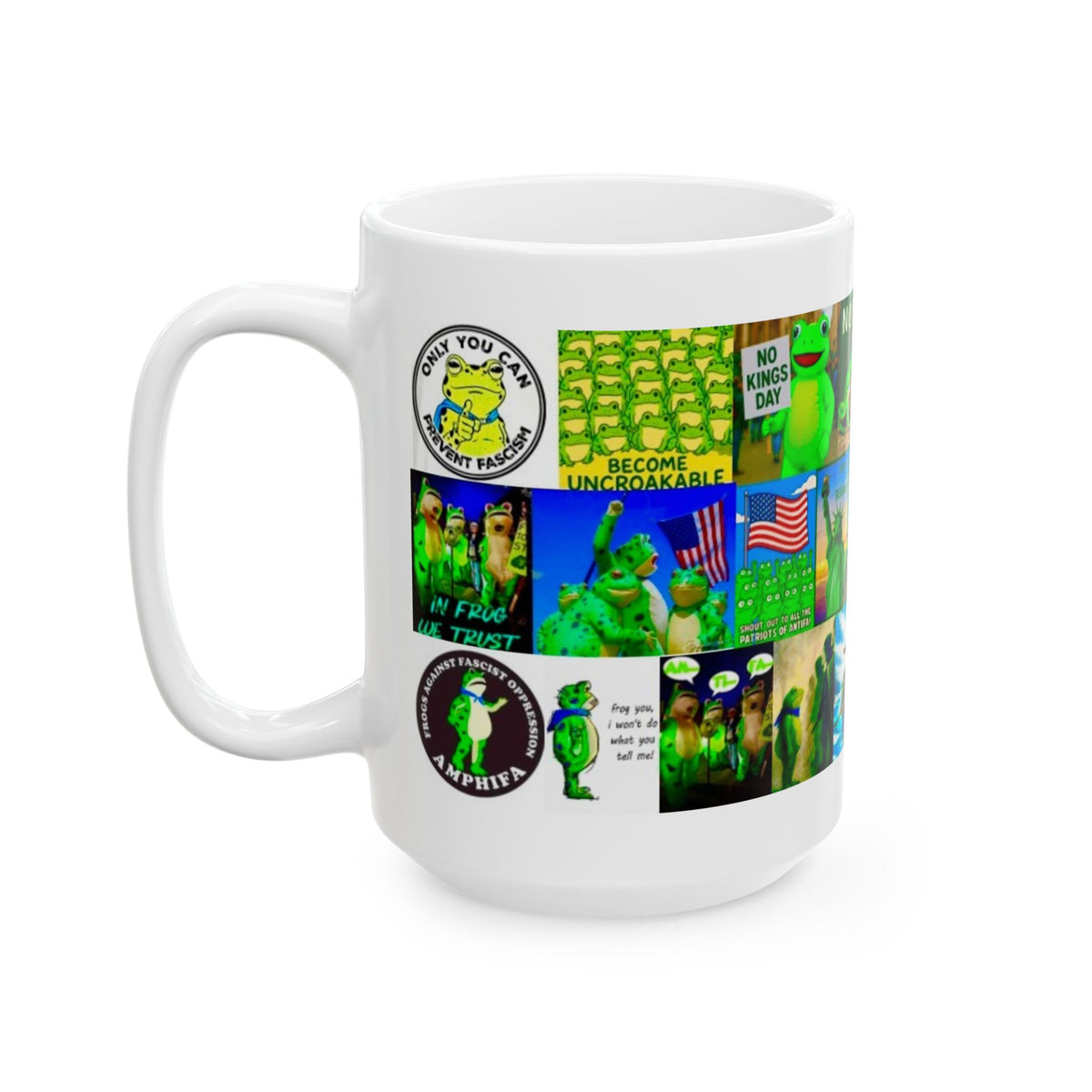 “ANTIFA Frogs 3” - Political Resistance Collage, Anti-Fascism & Human Rights Protest Mug Featuring The Portland Frog And Other Amphibians