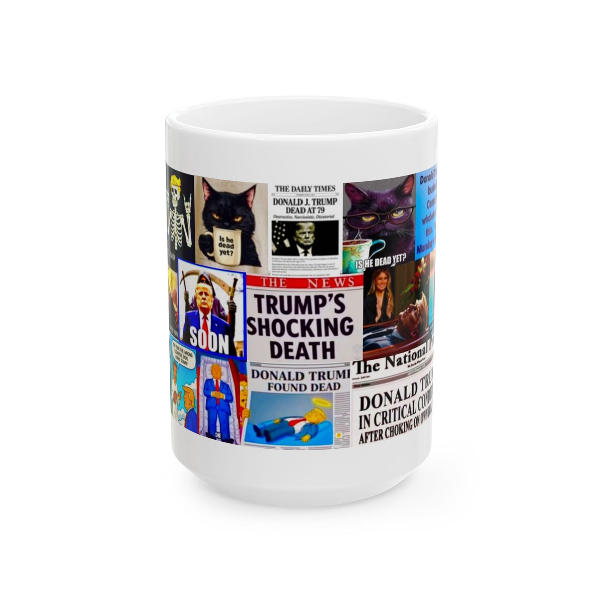 “Is He Dead Yet?”  – Hilarious Obituary & Dark Political Humor Collage