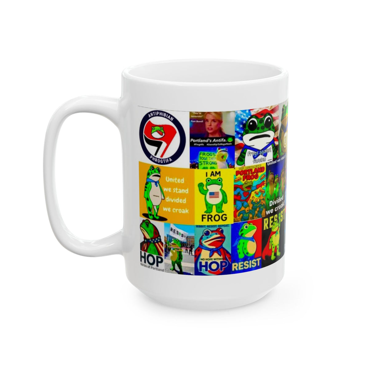 “ANTIFA Frogs” - Political Resistance Collage, Anti-Fascism & Human Rights Protest Mug Featuring The Portland Frog And Other Amphibians