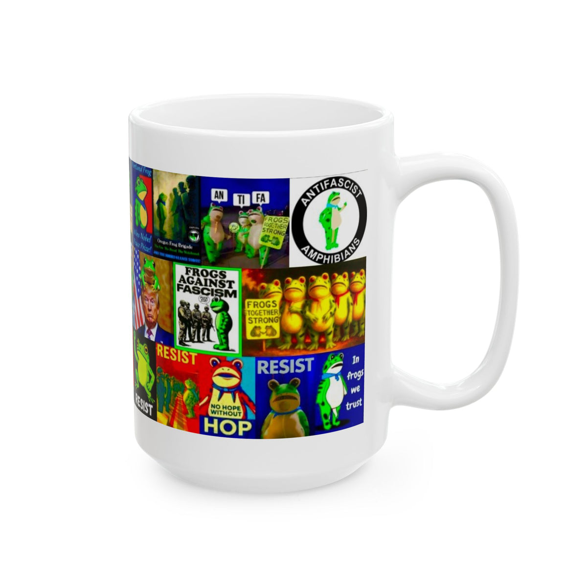 “ANTIFA Frogs” - Political Resistance Collage, Anti-Fascism & Human Rights Protest Mug Featuring The Portland Frog And Other Amphibians