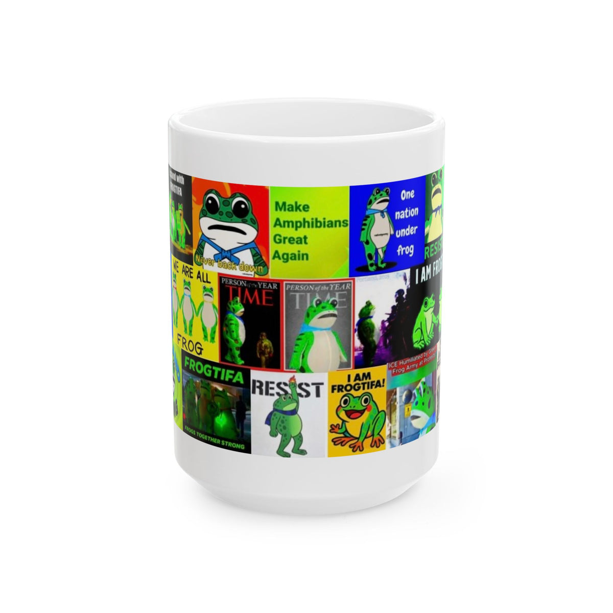 “ANTIFA Frogs 2” - Political Resistance Collage, Anti-Fascism & Human Rights Protest Mug Featuring The Portland Frog And Other Amphibians