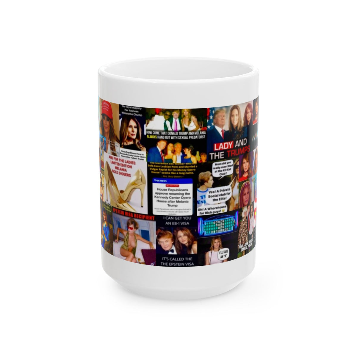 “Melania Knauss-Drumpf” - Melania Trump Satirical Adult-Themed Mug – Political Humor & Controversial Collage