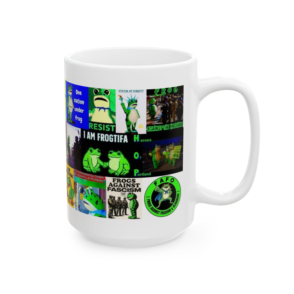 “ANTIFA Frogs 2” - Political Resistance Collage, Anti-Fascism & Human Rights Protest Mug Featuring The Portland Frog And Other Amphibians