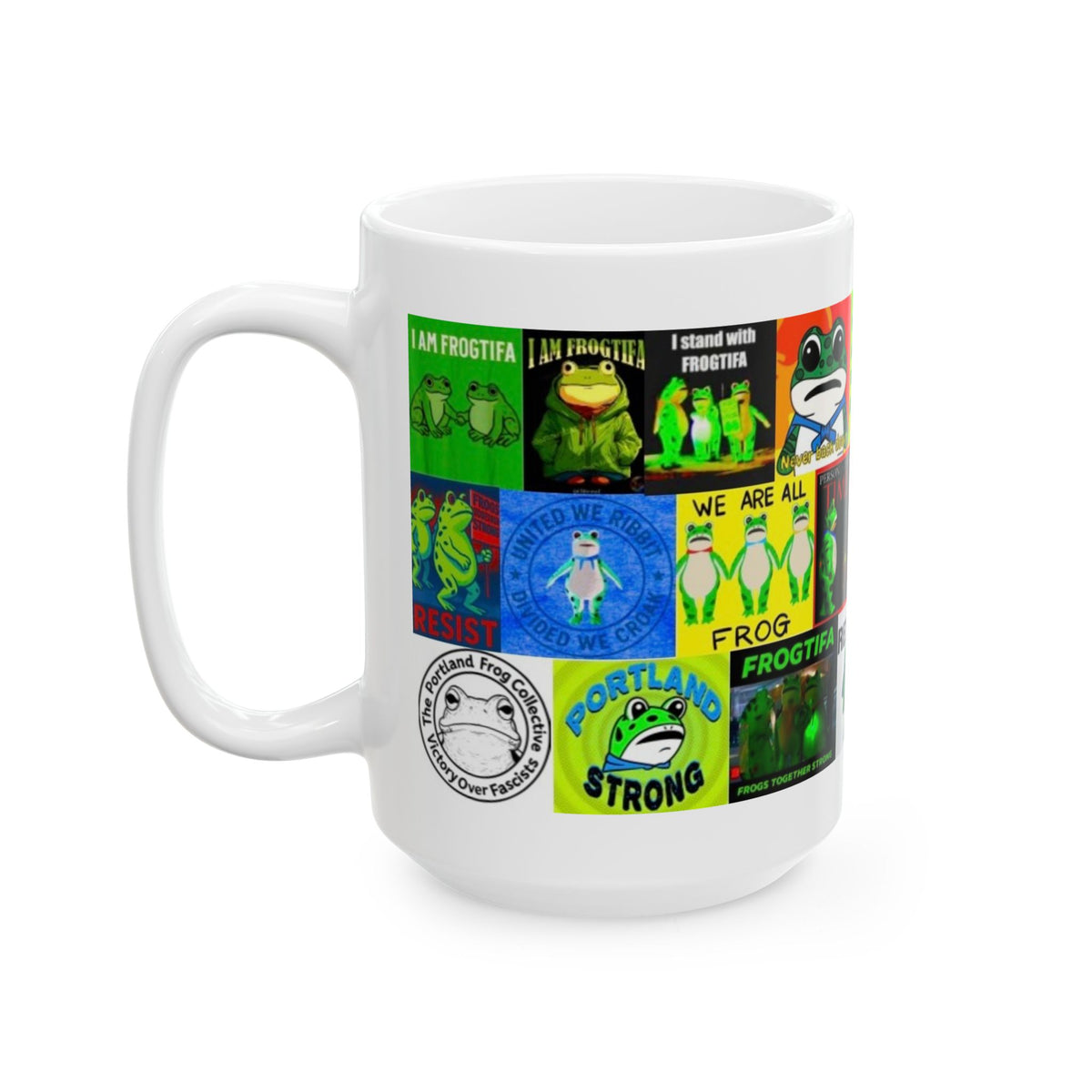 “ANTIFA Frogs 2” - Political Resistance Collage, Anti-Fascism & Human Rights Protest Mug Featuring The Portland Frog And Other Amphibians